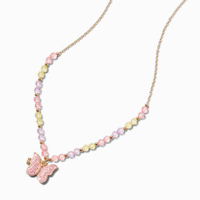 Pink Beaded Butterfly Locket Necklace,