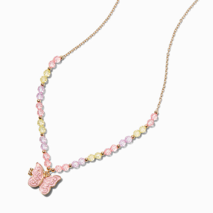 Pink Beaded Butterfly Locket Necklace,