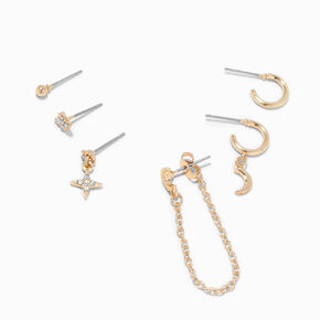 Gold-tone Mixed Crescent Moon One Earrings Set - 6 Pack,