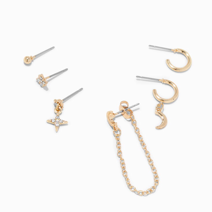 Gold Mixed Crescent Moon One Earrings Set - 6 Pack,