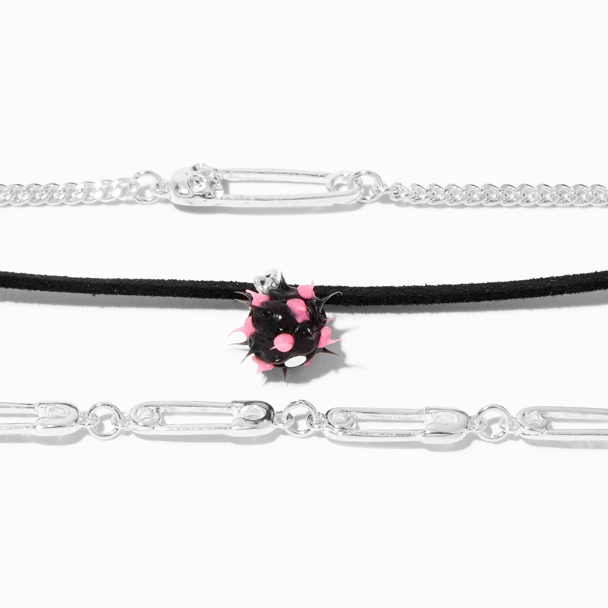 Pink Fireball & Silver Safety Pin Choker Necklaces - 3 Pack,