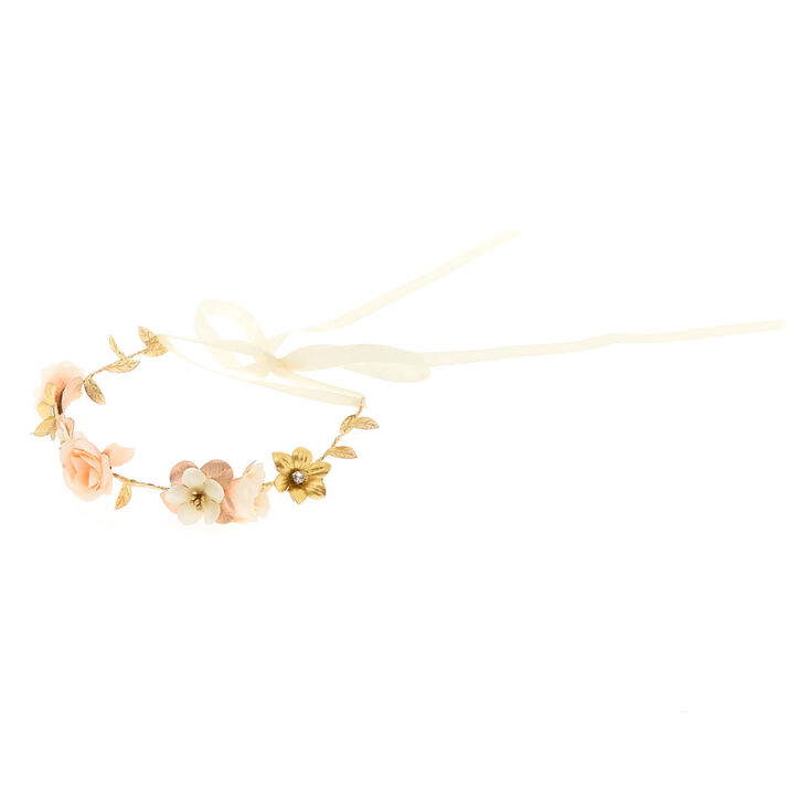 Couronne de fleurs couleur dor&eacute; rose avec ruban,