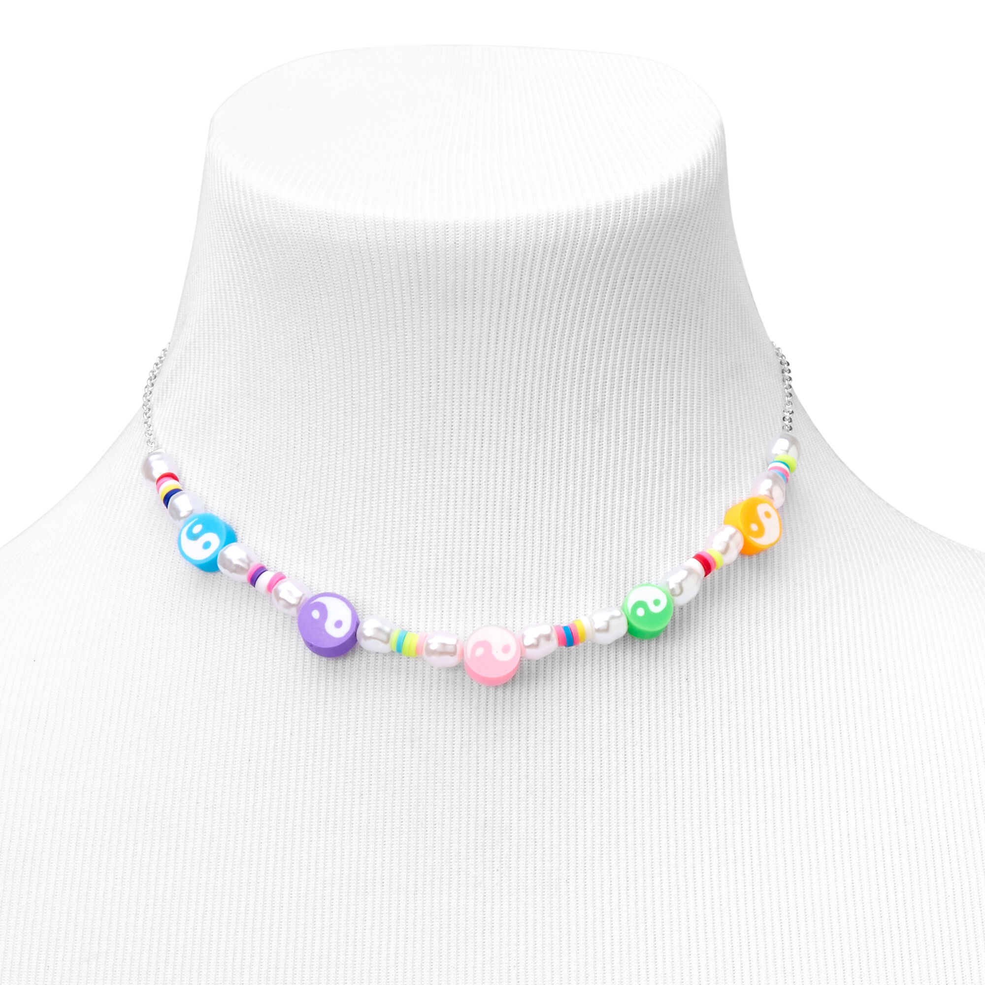 Silver Yin Yang 12" Beaded Necklace,