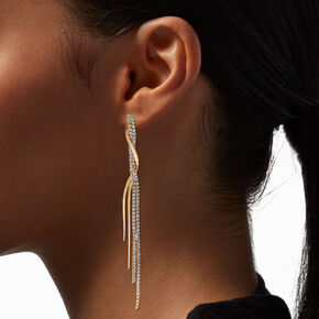 Gold-tone Herringbone &amp; Crystal 4&quot; Linear Drop Earrings,