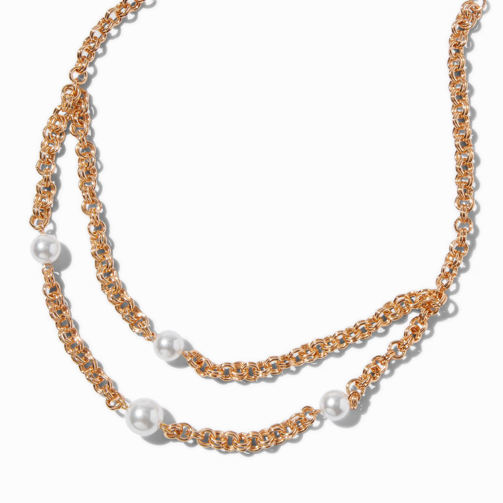 Gold-tone Double Chain Pearl Charm Necklace ,