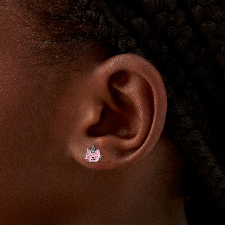 Pink Caticorn, Heart Paws, &amp; Pearl Silver Stud Earrings - 3 Pack,