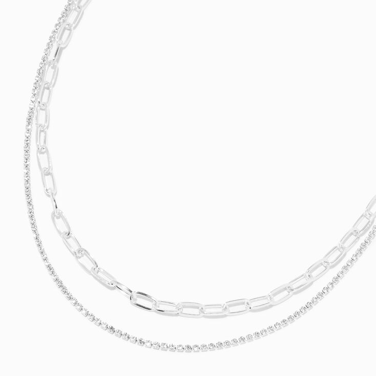 Silver Crystal &amp; Paperclip Chain Multi-Strand Necklace,