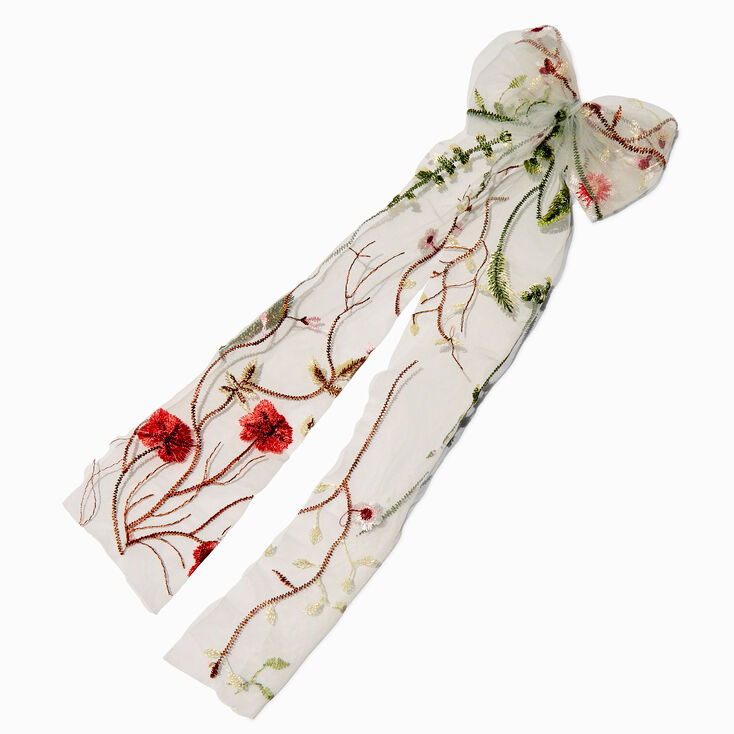 White Embroidered Flowers Long Tail Bow Hair Clip,