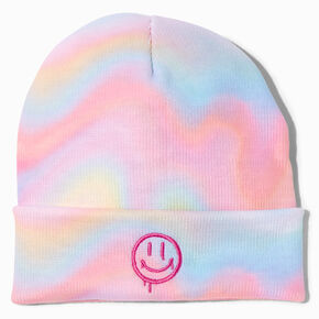 Happy Face Tie Dye Knit Beanie Hat,