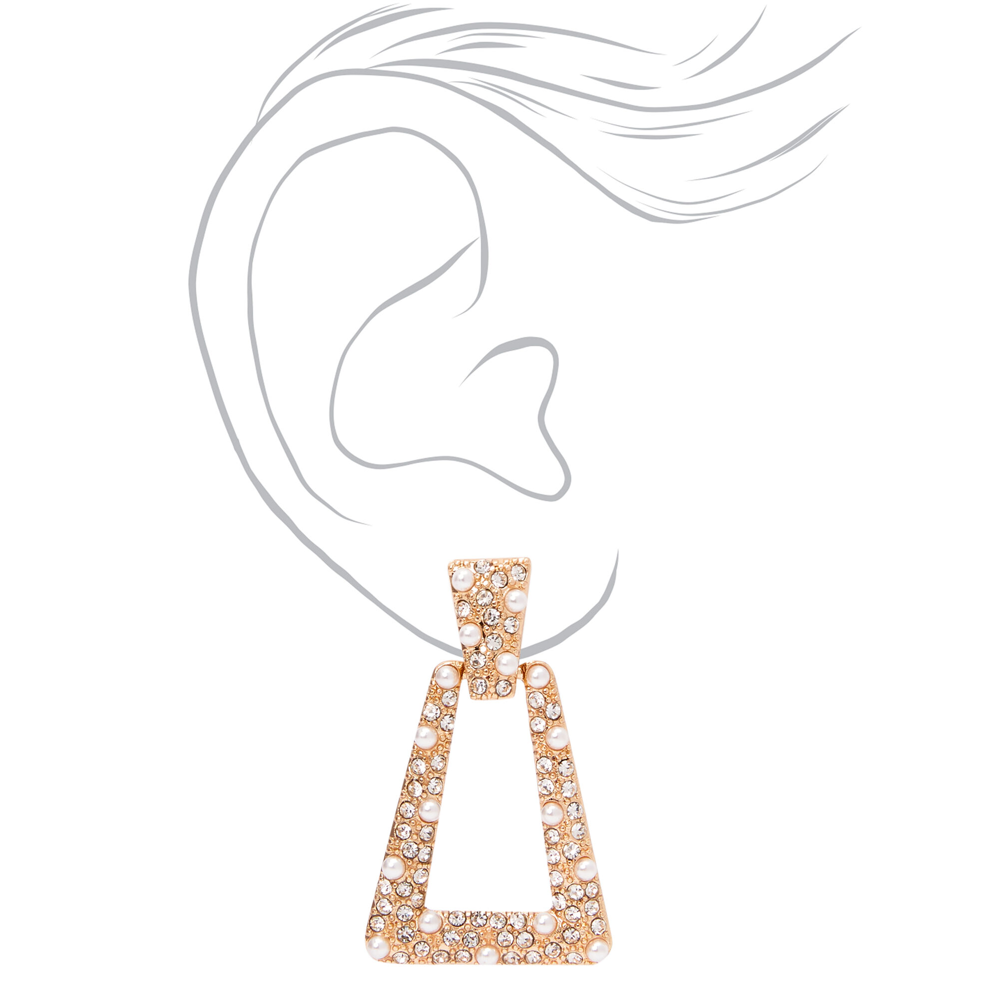 Gold 1" Crystal Pearl Door Knocker Clip On Drop Earrings,