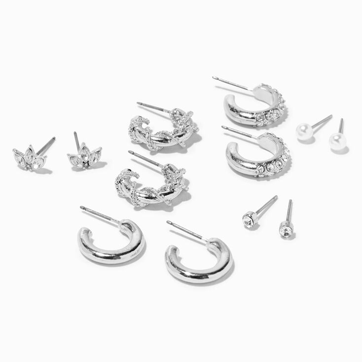 Silver Textured Earrings Set - 6 Pack,