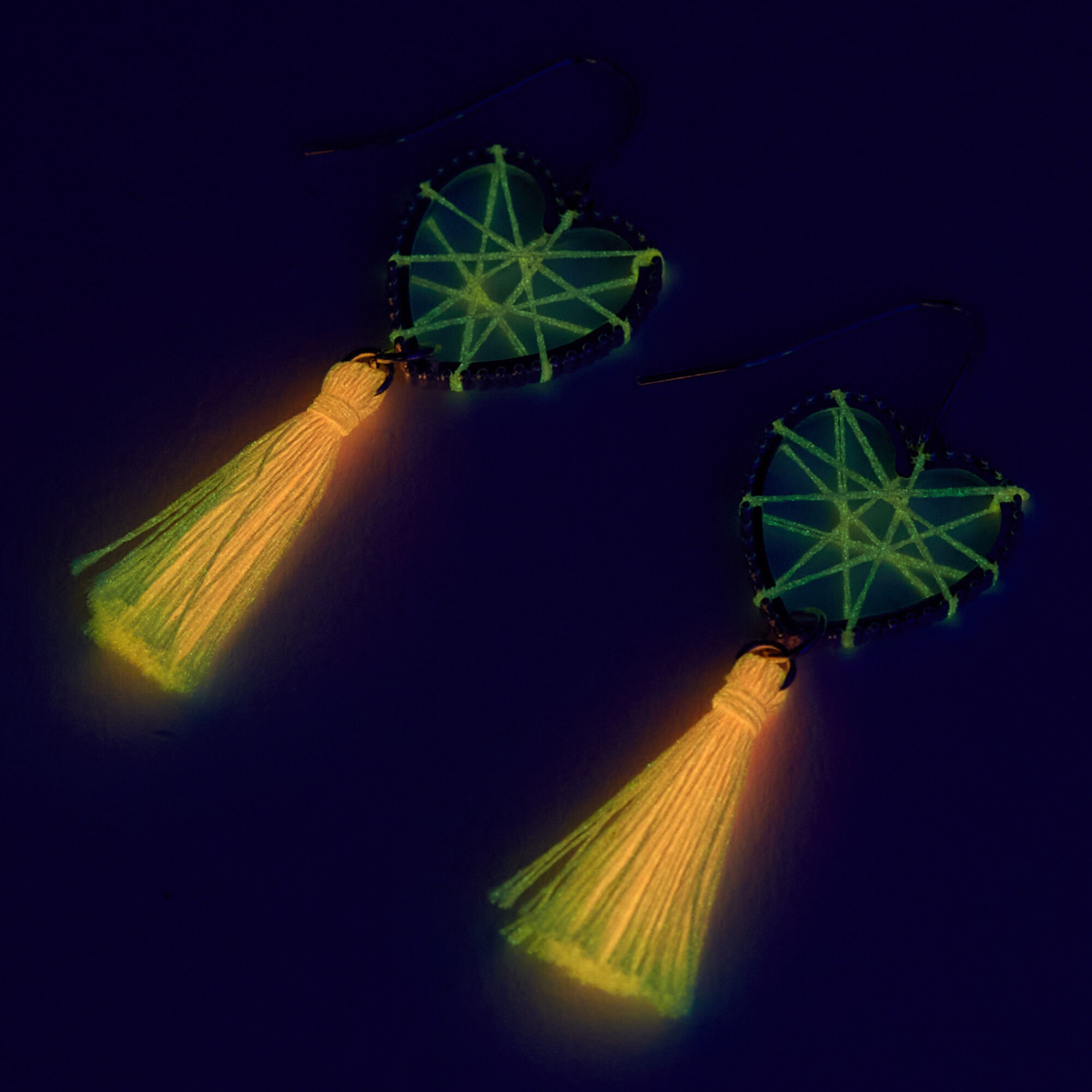 Glow In The Dark 1" Pink Heart Tassel Drop Earrings,