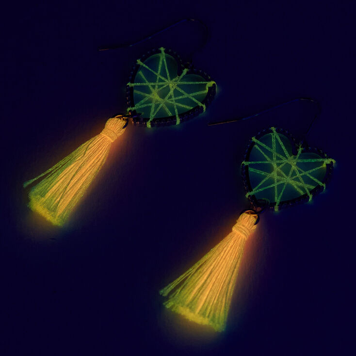 Glow In The Dark 1&quot; Pink Heart Tassel Drop Earrings,
