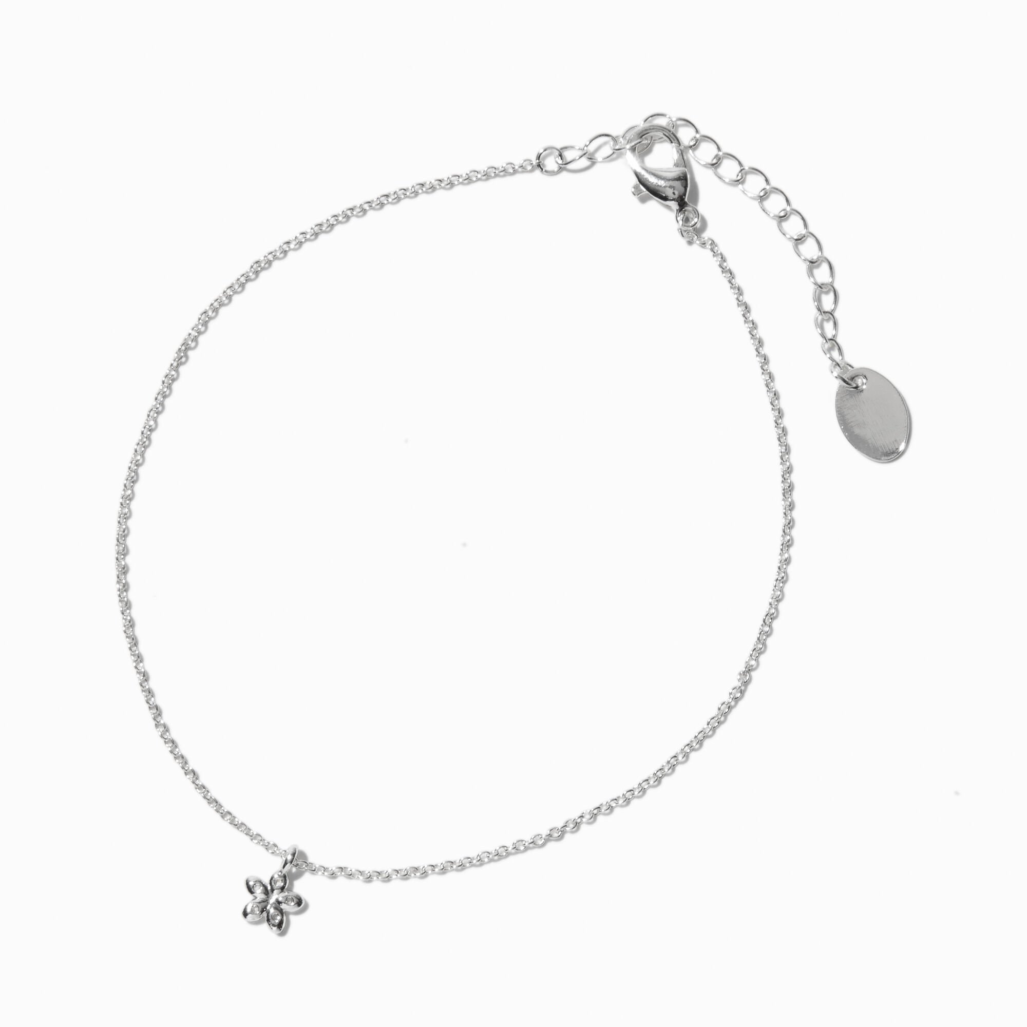 Silver-tone Cubic Zirconia Dainty Flower Chain Anklet,