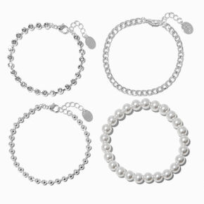 Silver-tone Bead &amp; Pearl Bracelet Set - 4 Pack ,