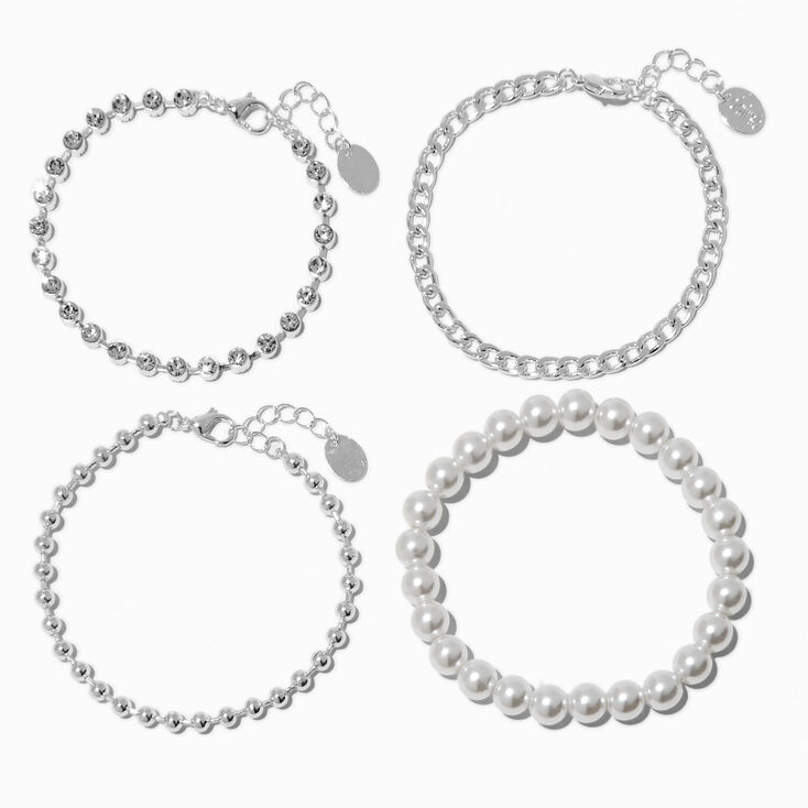 Silver-tone Bead &amp; Pearl Bracelet Set - 4 Pack ,