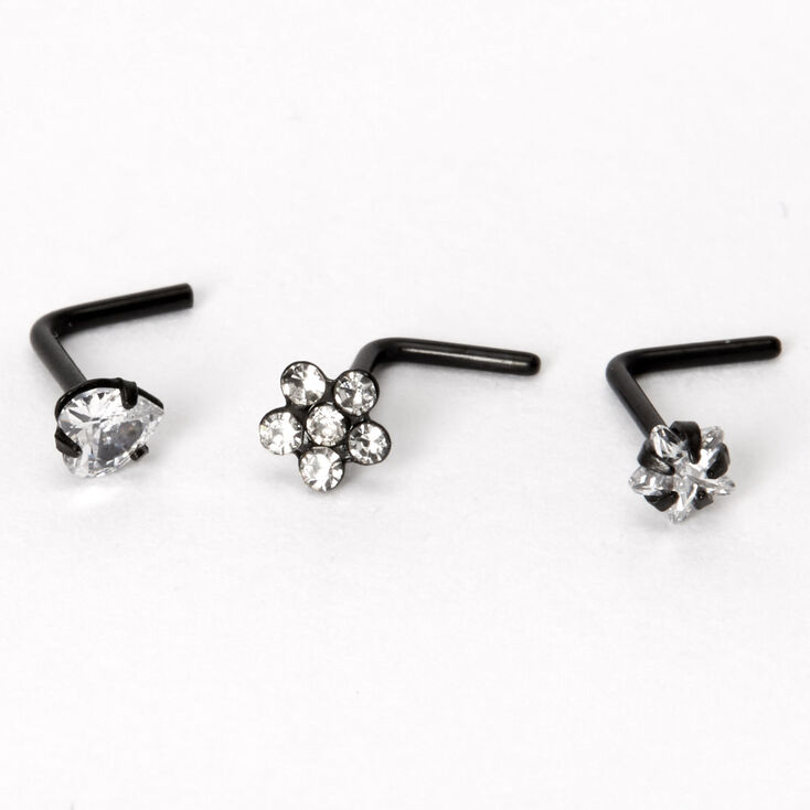 Black 20G Cubic Zirconia Flower Heart Star Nose Rings - 3 Pack,