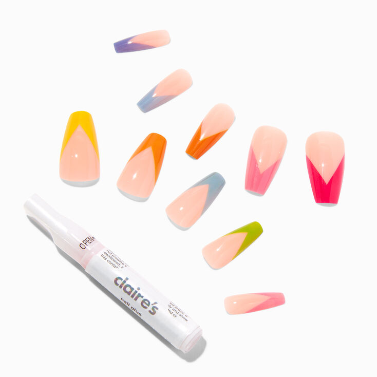 Multicolored V Tip Coffin Vegan Faux Nail Set - 24 Pack,