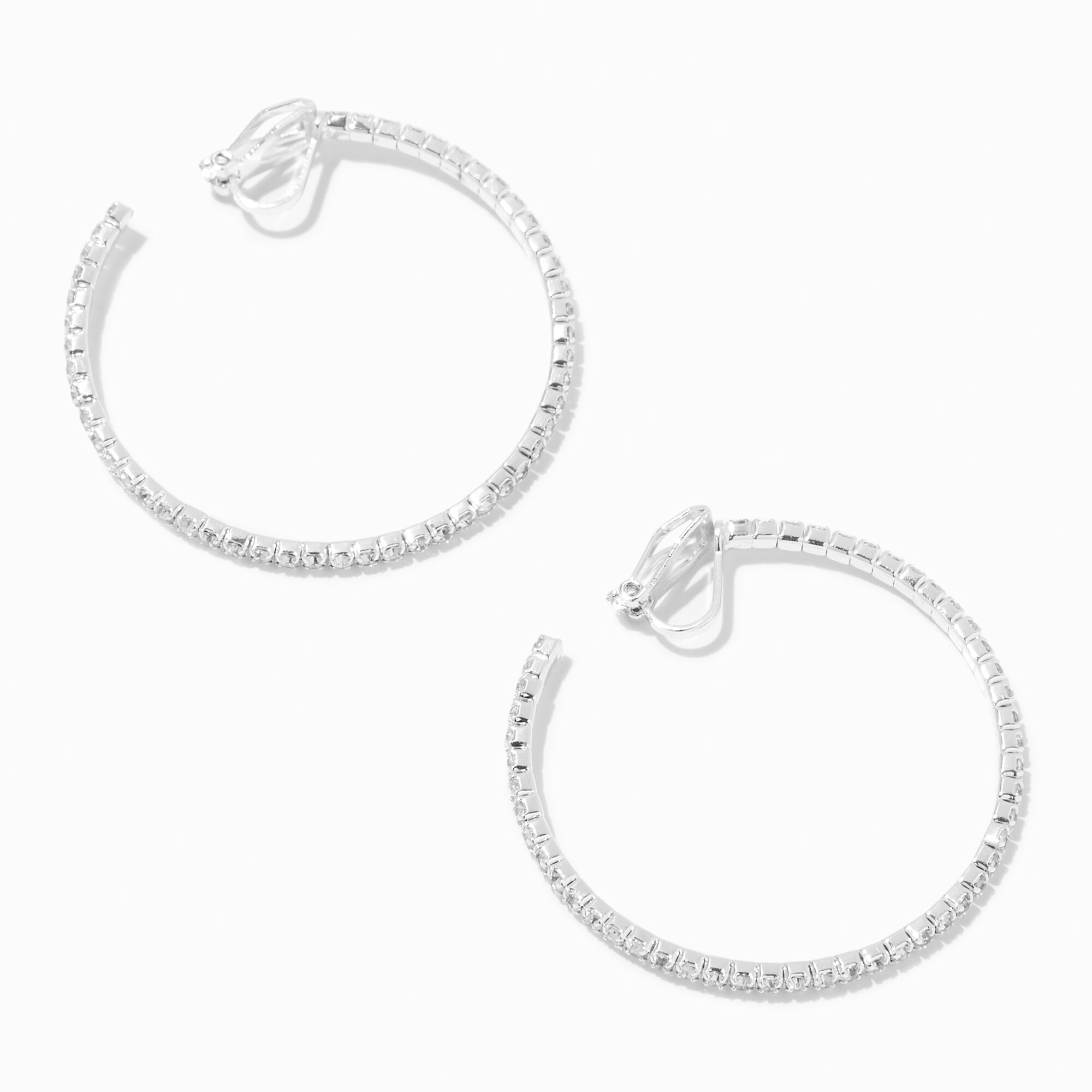 View Claires Tone 40MM Crystal Hoop ClipOn Earrings Silver information