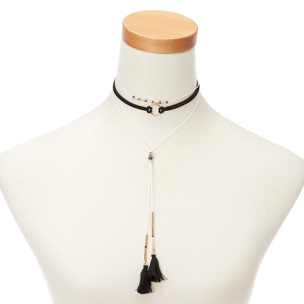 Gold Tassel Choker Multi Strand Necklace - Black,