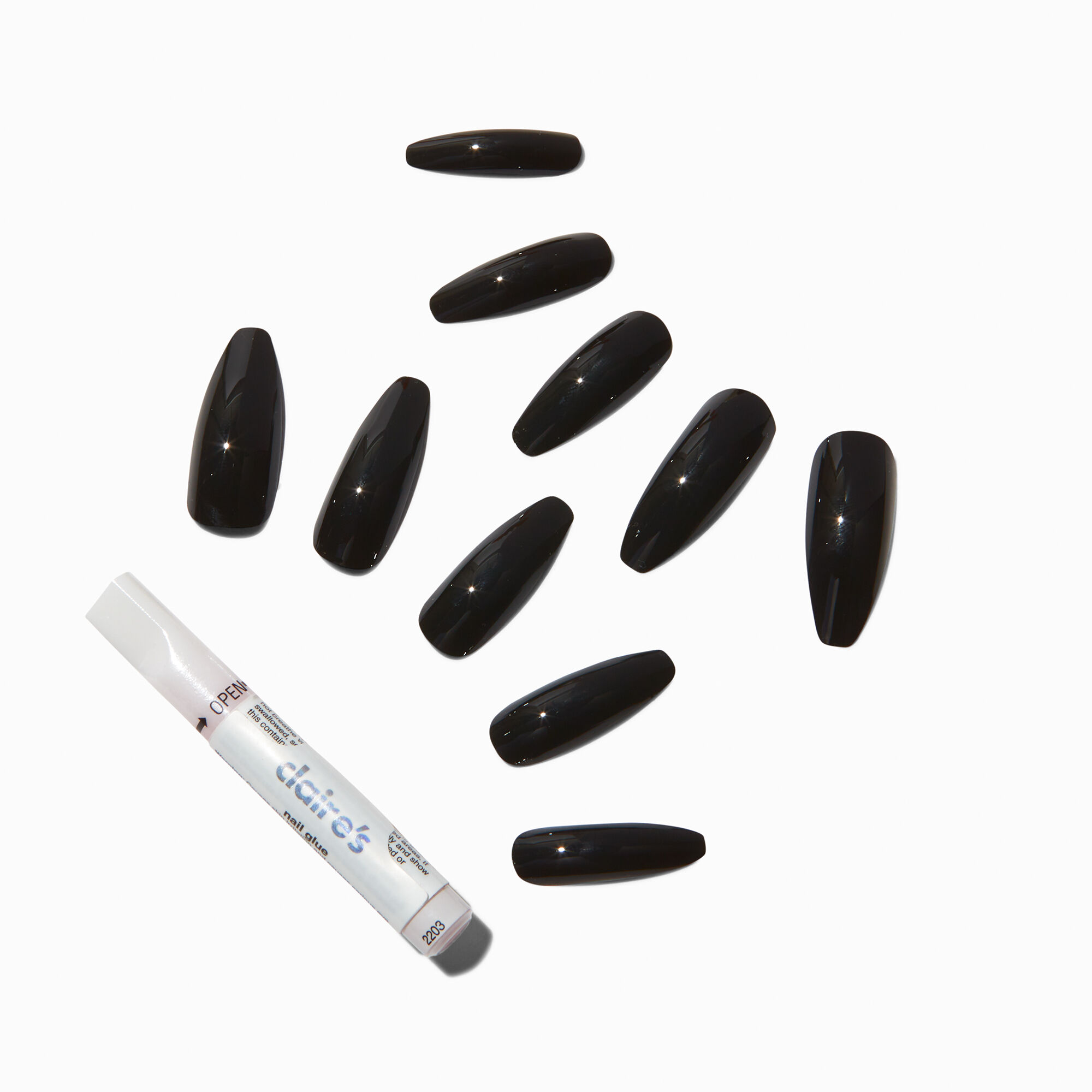 View Claires Glossy Xl Stiletto Vegan Faux Nail Set 24 Pack Black information