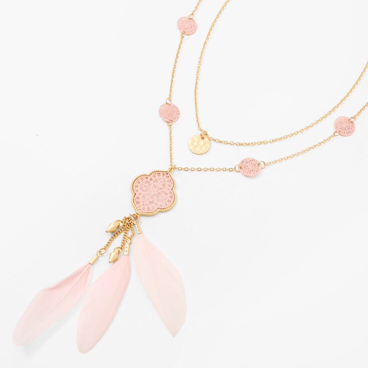 Gold Medallion Feather Multi Strand Pendant Necklace - Pink,