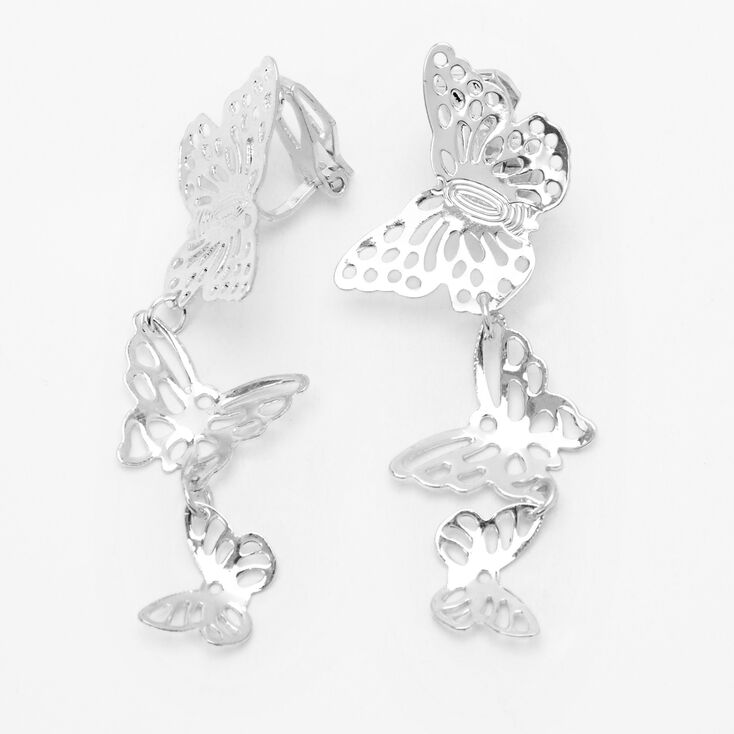 Silver 2&quot; Filigree Triple Butterfly Clip On Drop Earrings,