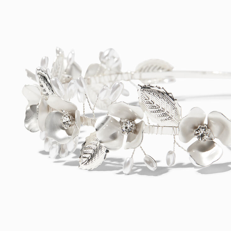 Embellished Matte Silver &amp; Pearl Flower Headband,