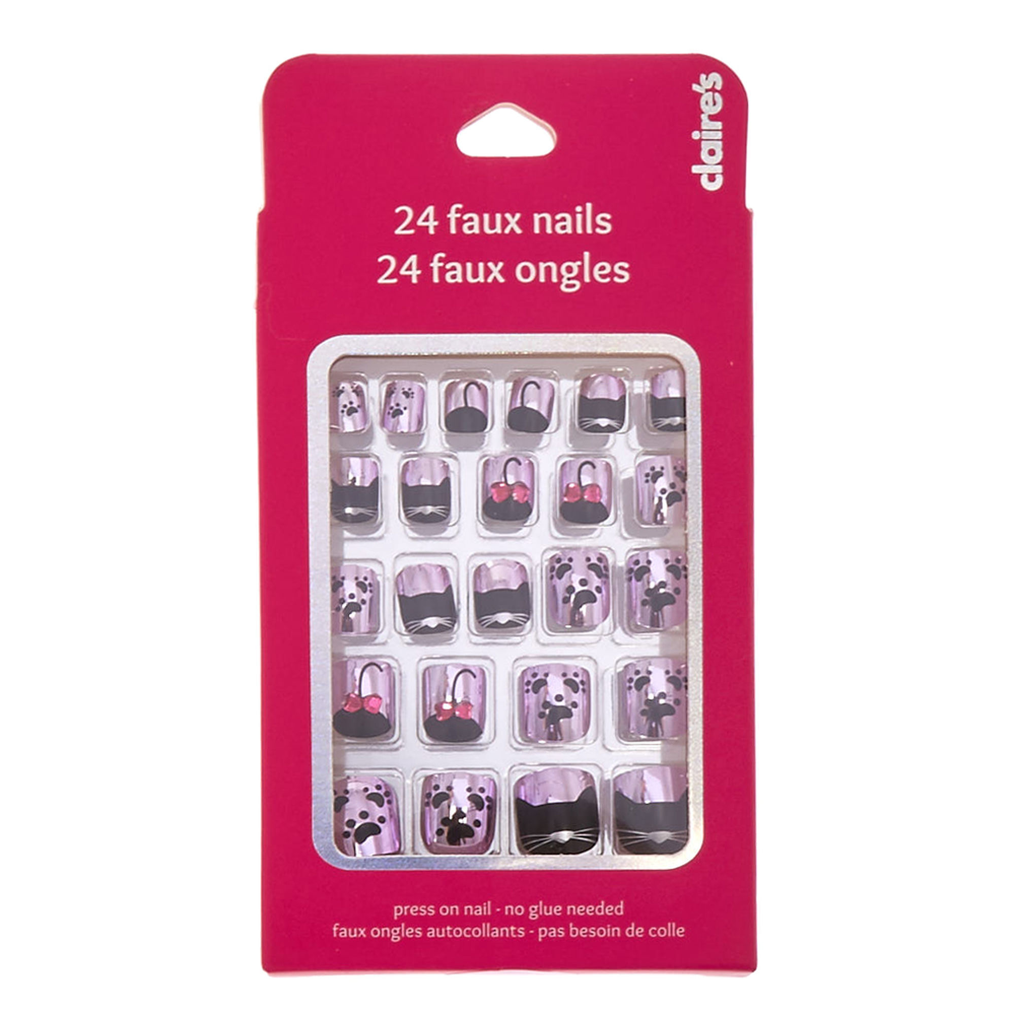 Kids Metallic Pink Black Cat Motif Press On False Nails Claire S