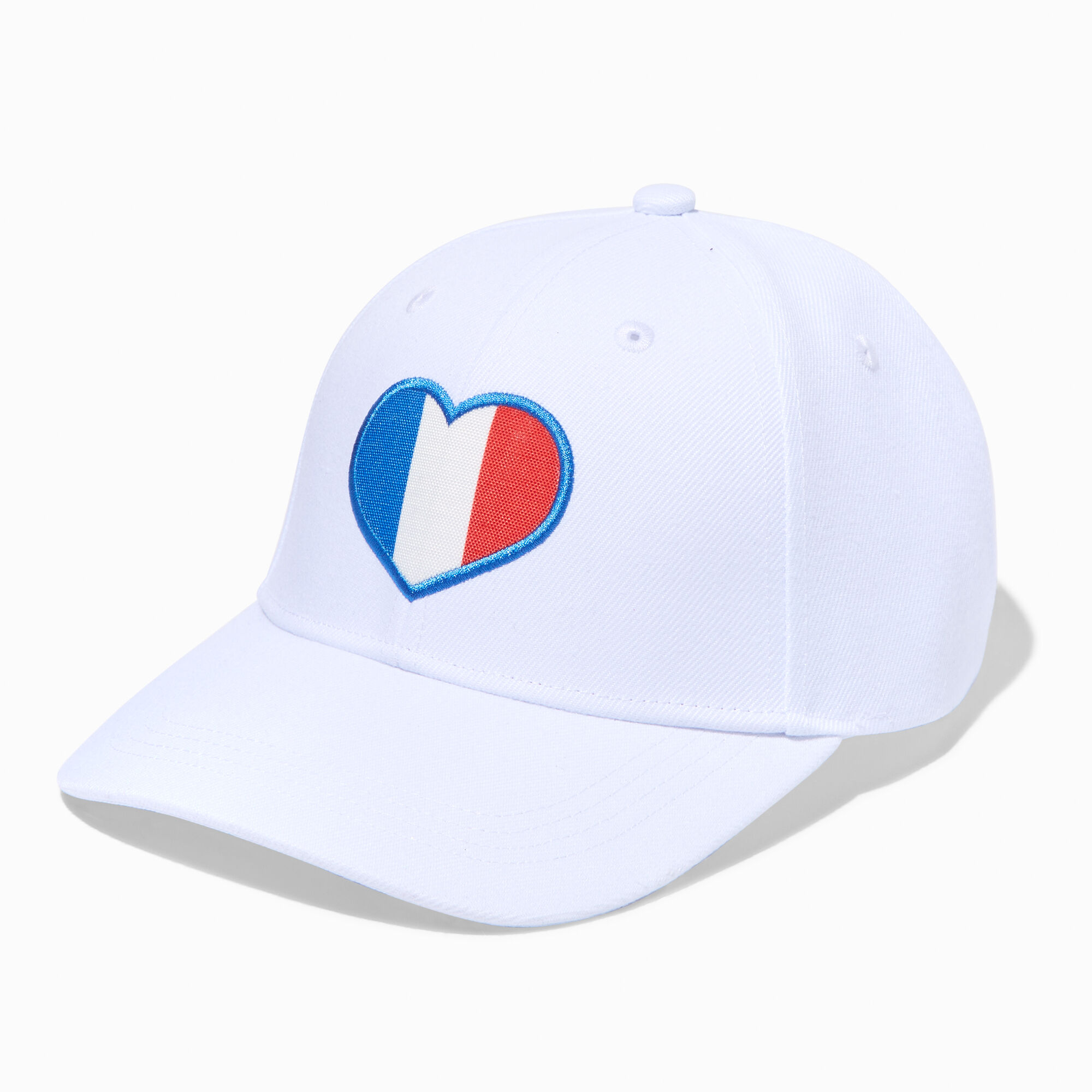 View Claires Blue White Heart Patch Baseball Cap Red information