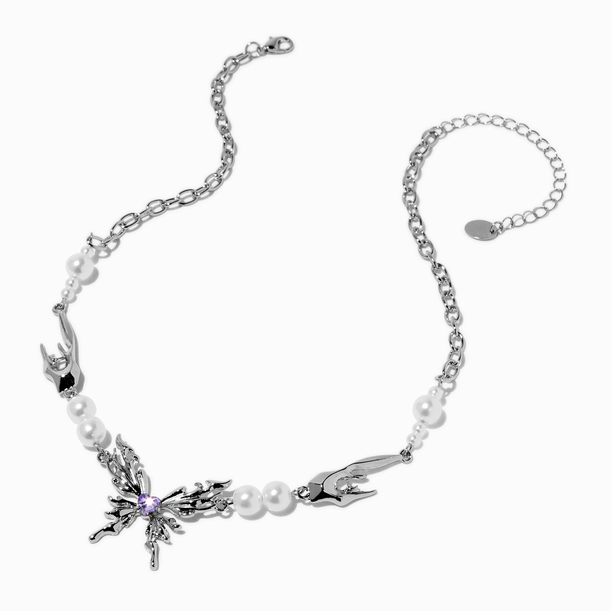 Collier à pendentif perle d'imitation papillon style métal fondu couleur argentée,