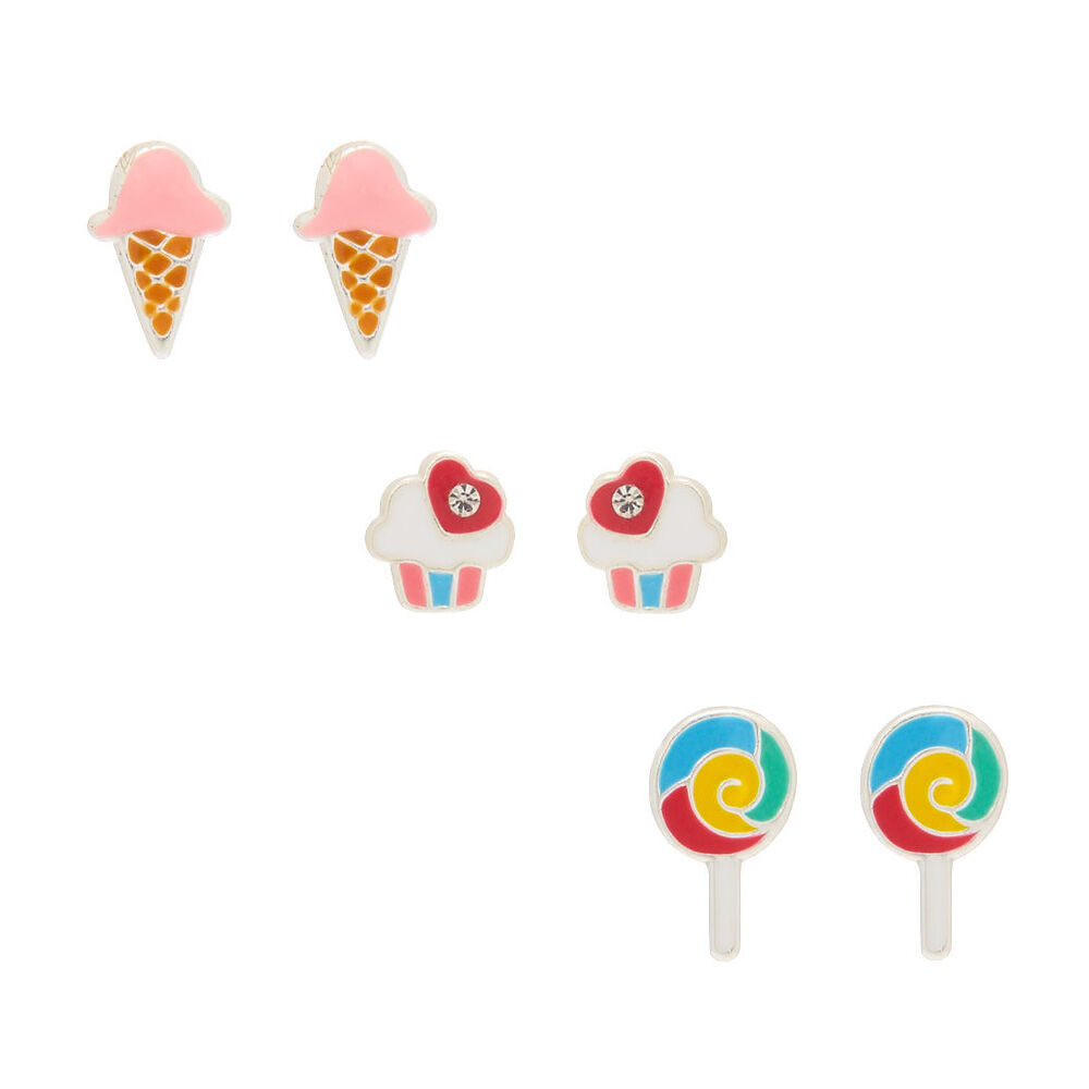 Sterling Silver Sweet Treat Stud Earrings - 3 Pack,