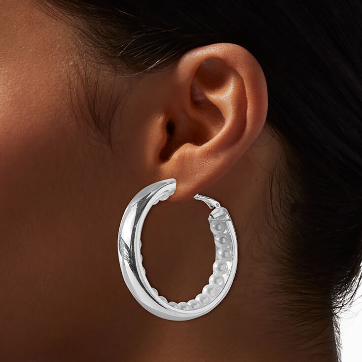 Silver-tone Pearl Inner Hoop Earrings,