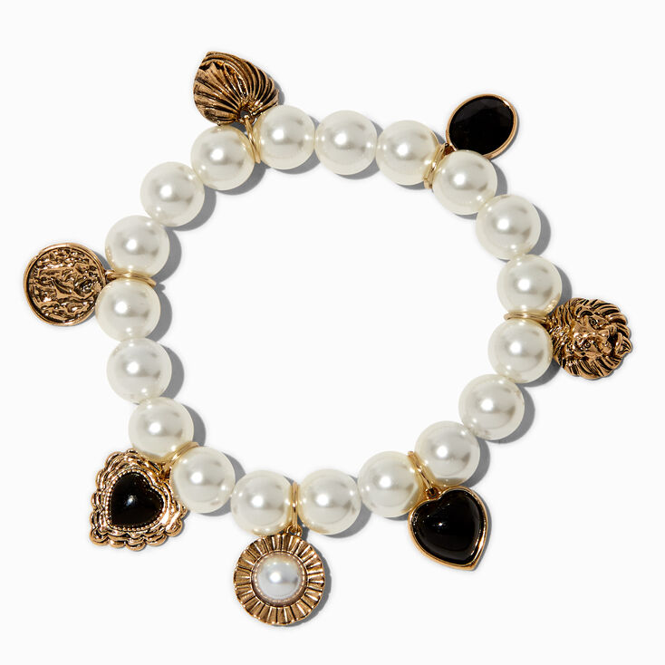 Gold-tone Pearl Charm Stretch Bracelet ,
