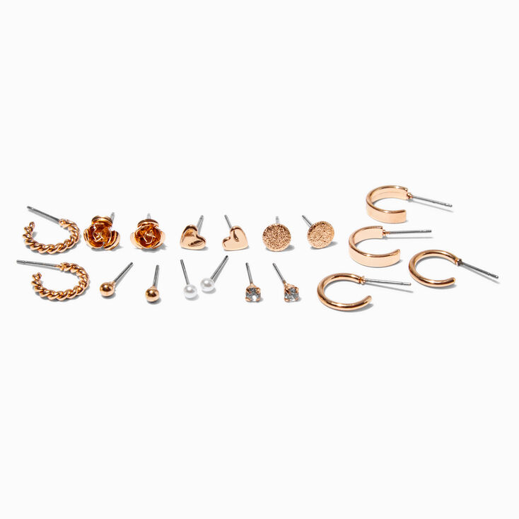 Gold-tone Rose Heart Hoop &amp; Stud Earrings Stackables Set - 9 Pack,