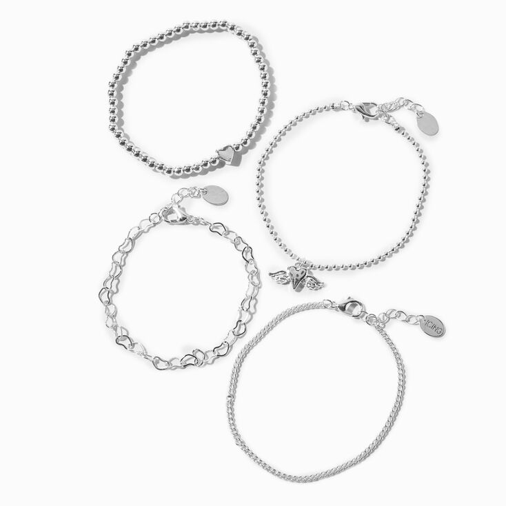 Silver Heart Charm Bracelet Set - 4 Pack,