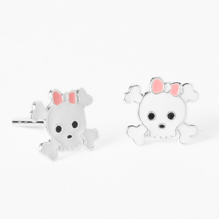 Sterling Silver Pink Bow Skull and Crossbones Stud Earrings,