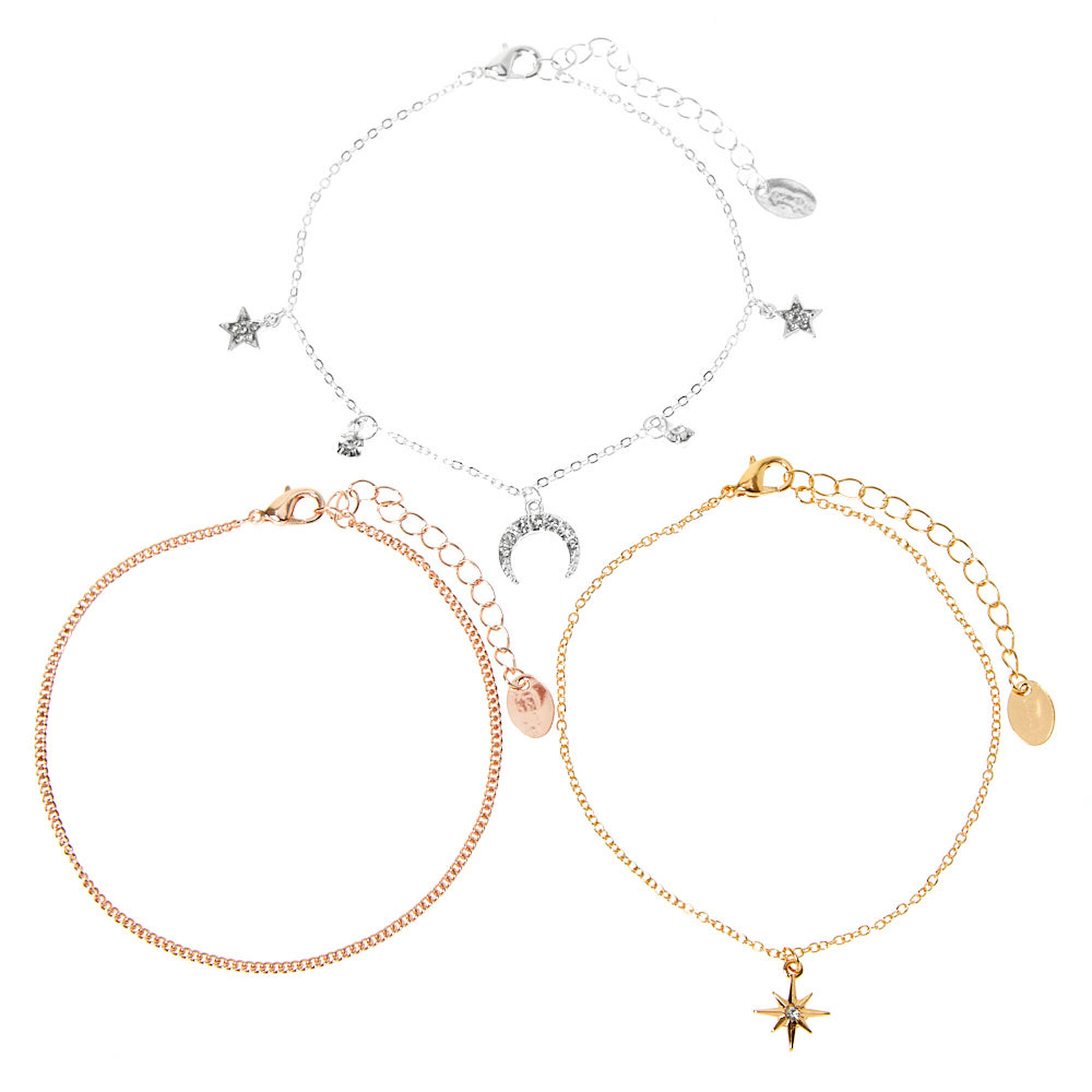 View Claires Mixed Metal Star Horn Chain Anklets 3 Pack Rose Gold information