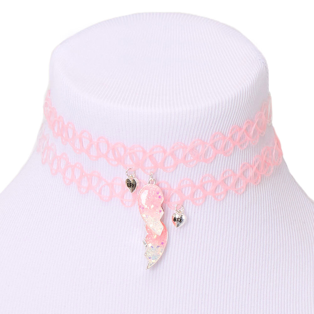 Best Friends Heart Tattoo Choker Necklaces Pink 2 Pack