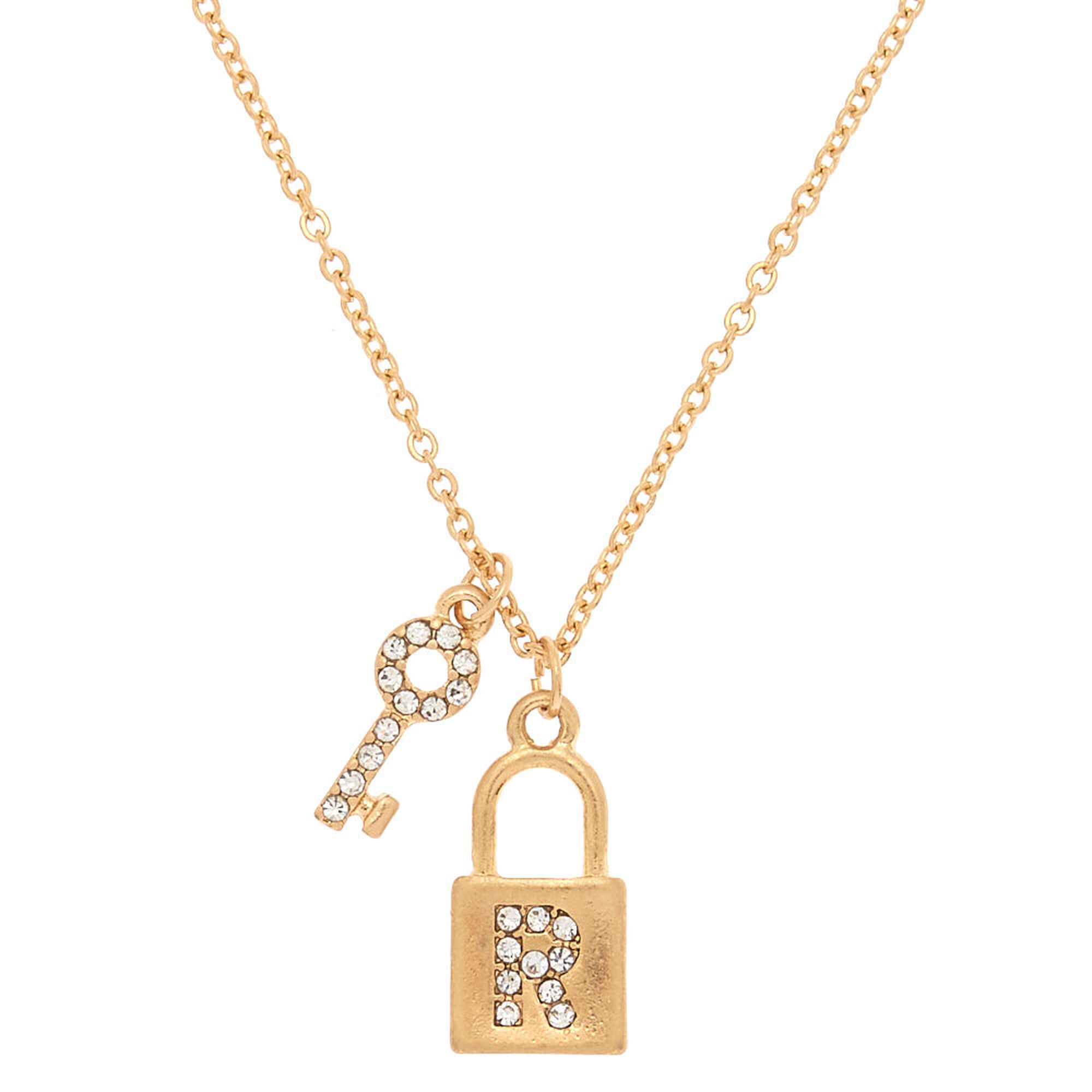 Gold Lock & Key Initial Pendant Necklace - R | Claire's