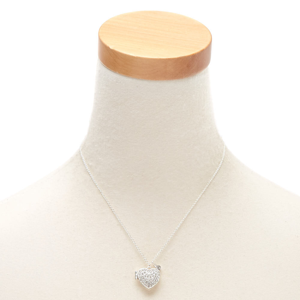 Silver Rhinestone Heart Locket Pendant Necklace,