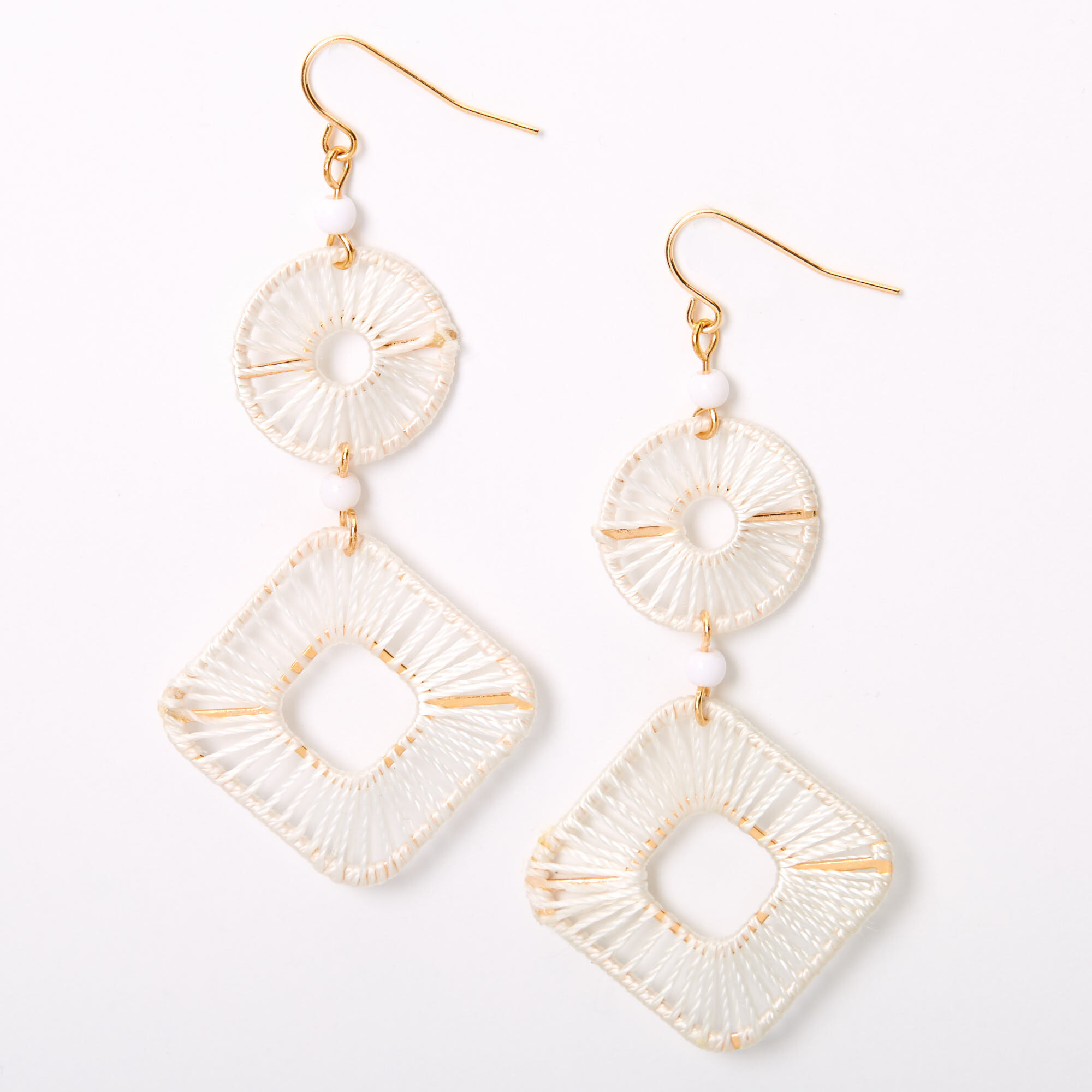 Gold 2.5" Threaded Geometric Drop Earrings - White,