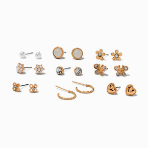 Gold-tone Butterfly &amp; Daisy Stud Earrings - 9 Pack,