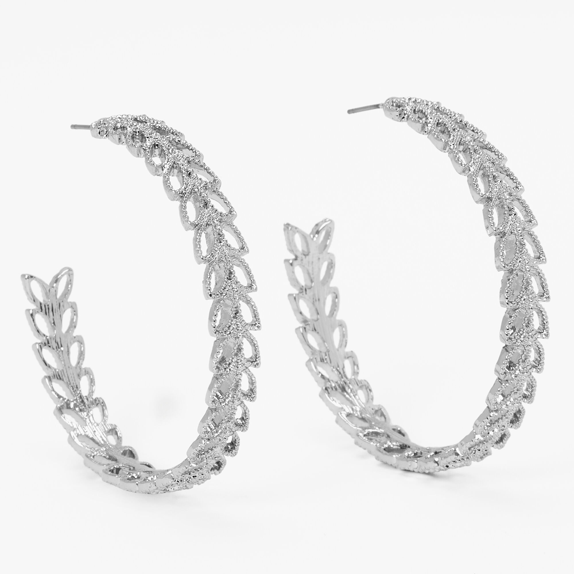 View Claires Tone 60MM Leaf Hoop Earrings Silver information