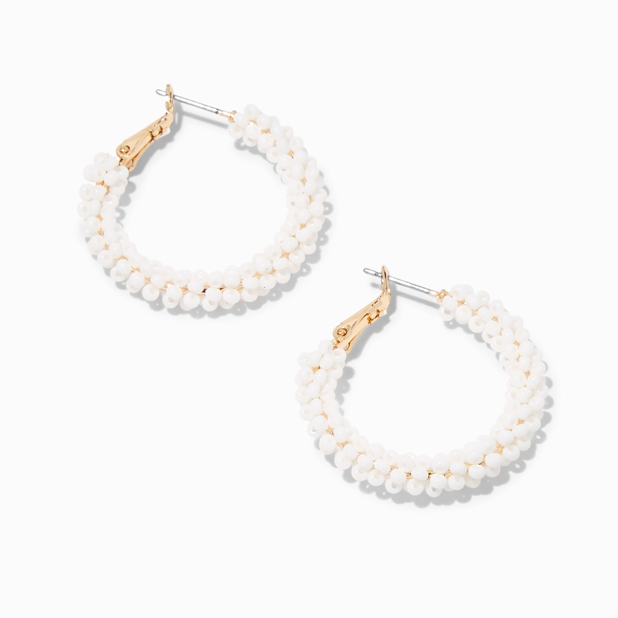White Bead 30MM Hoop Earrings Claire s US
