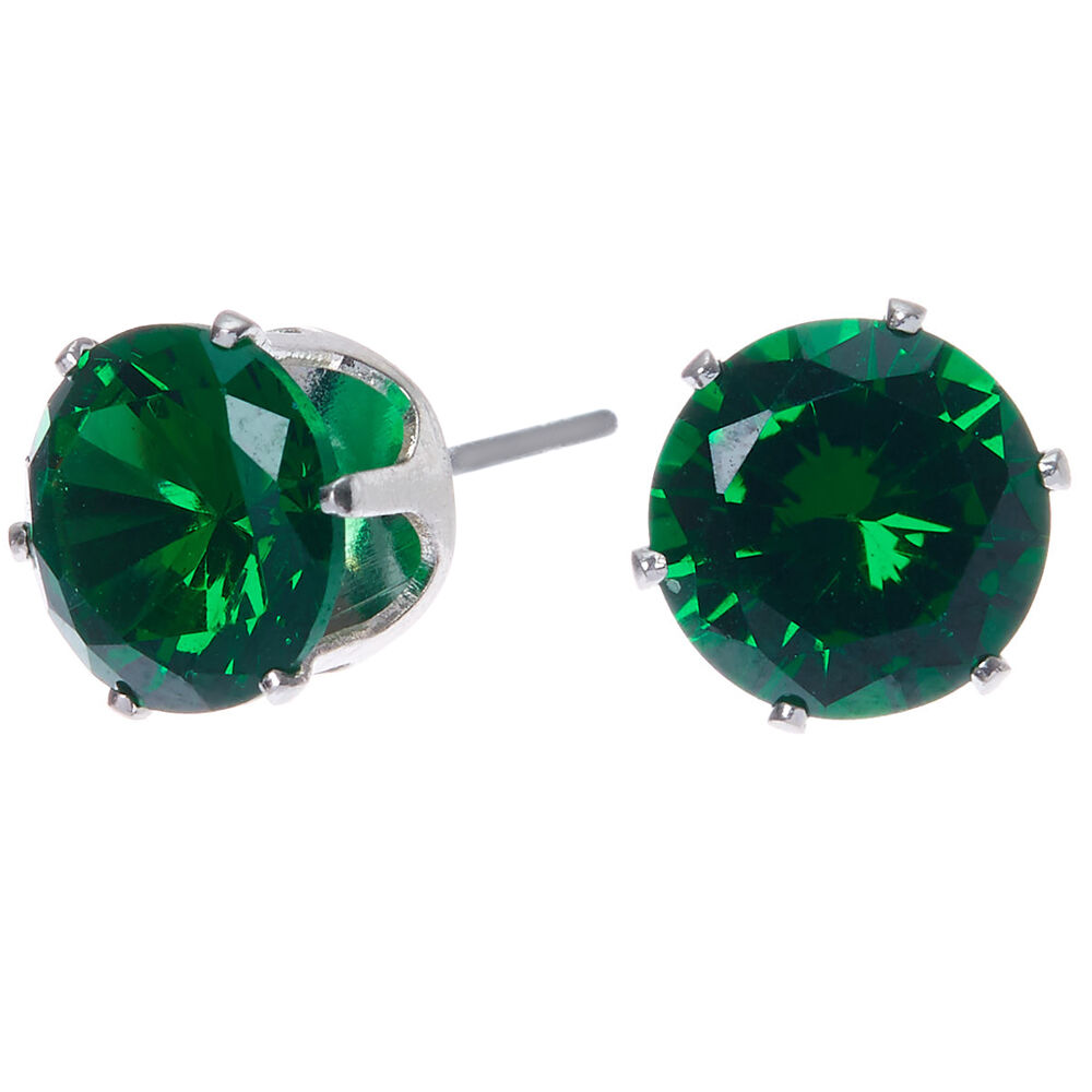Silver Cubic Zirconia 8MM Round Stud Earrings - Emerald,