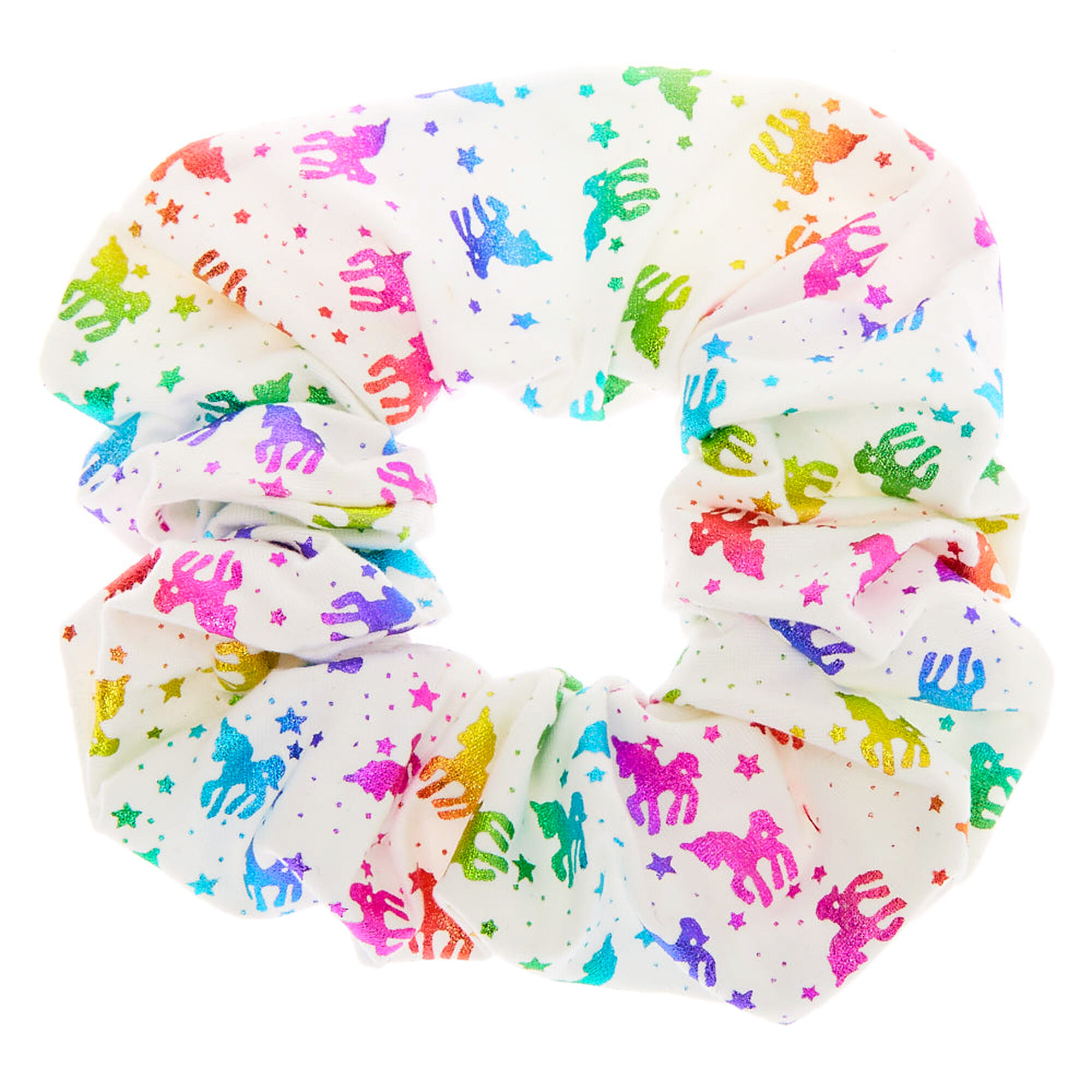 View Claires Medium Rainbow Unicorn Stars Hair Scrunchie White information