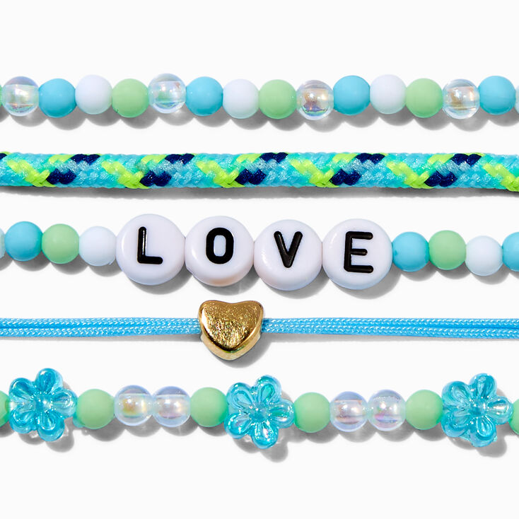 Turquoise &quot;Love&quot; Seed Bead Stretch Bracelet Set - 5 Pack,