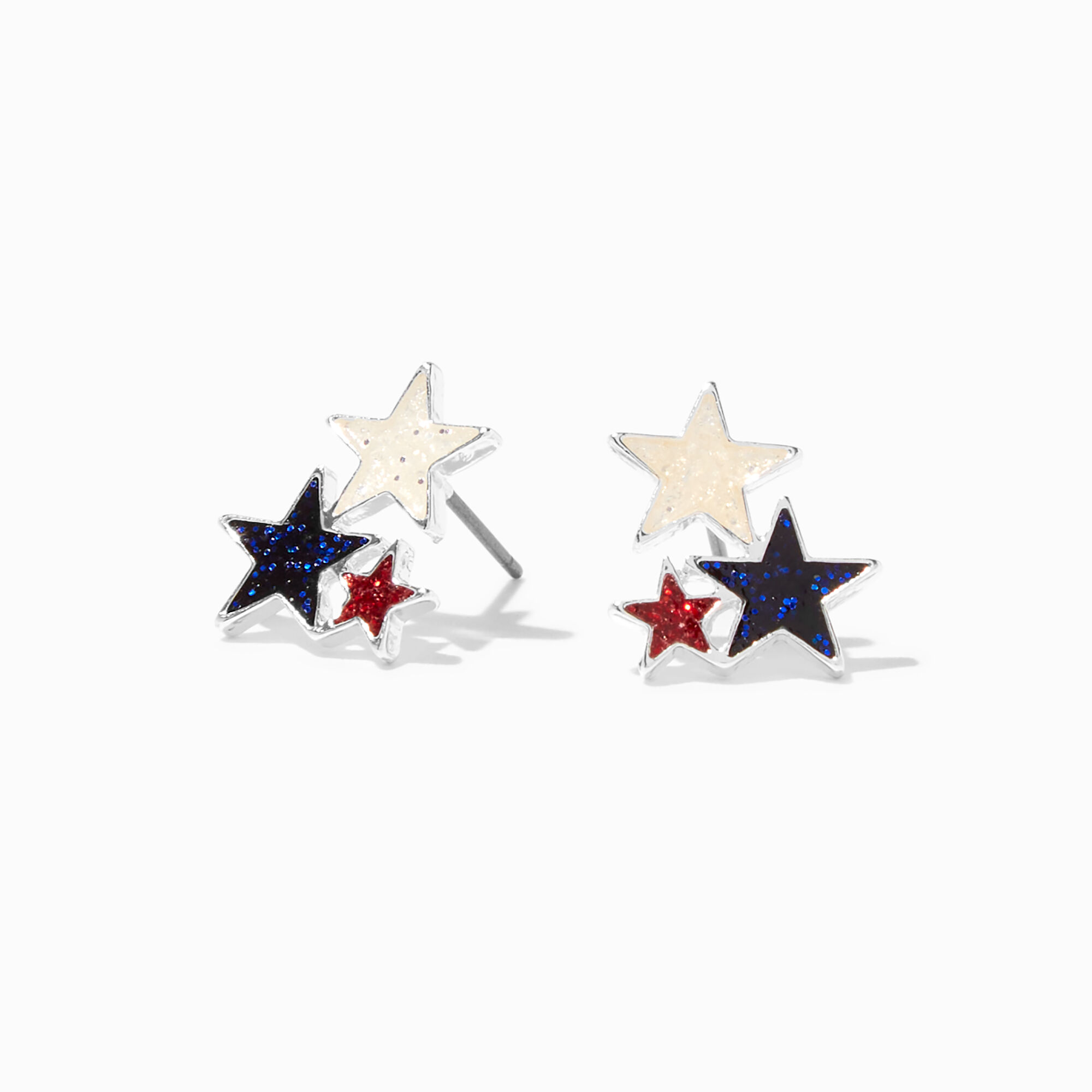 View Claires Red White Triple Glitter Star Stud Earrings Blue information