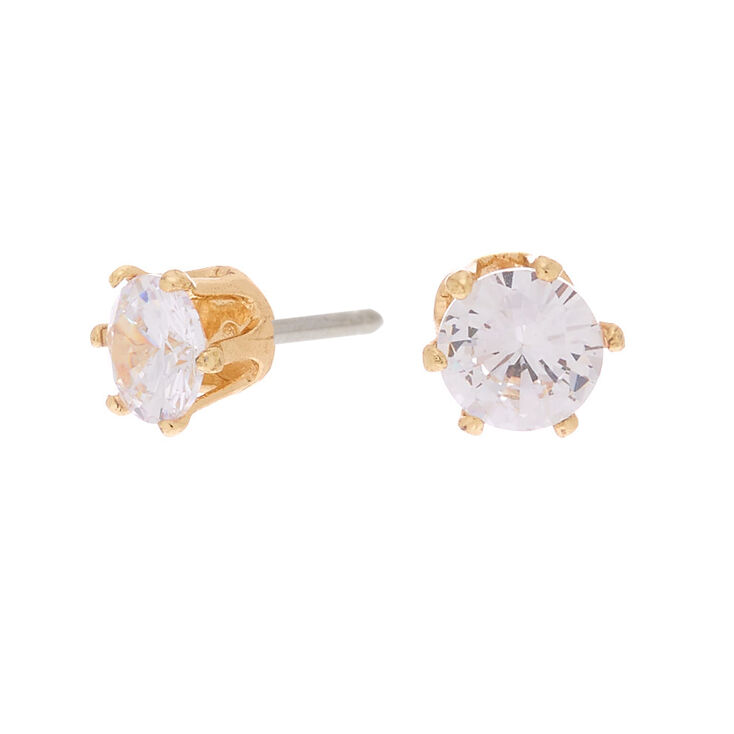 Gold Cubic Zirconia Round Stud Earrings - 6MM,